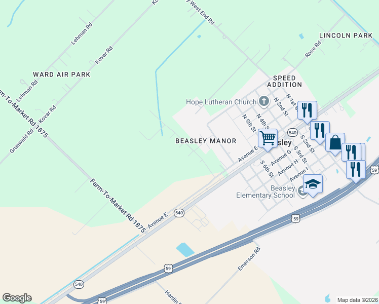 map of restaurants, bars, coffee shops, grocery stores, and more near 411 North 9th Street in Beasley