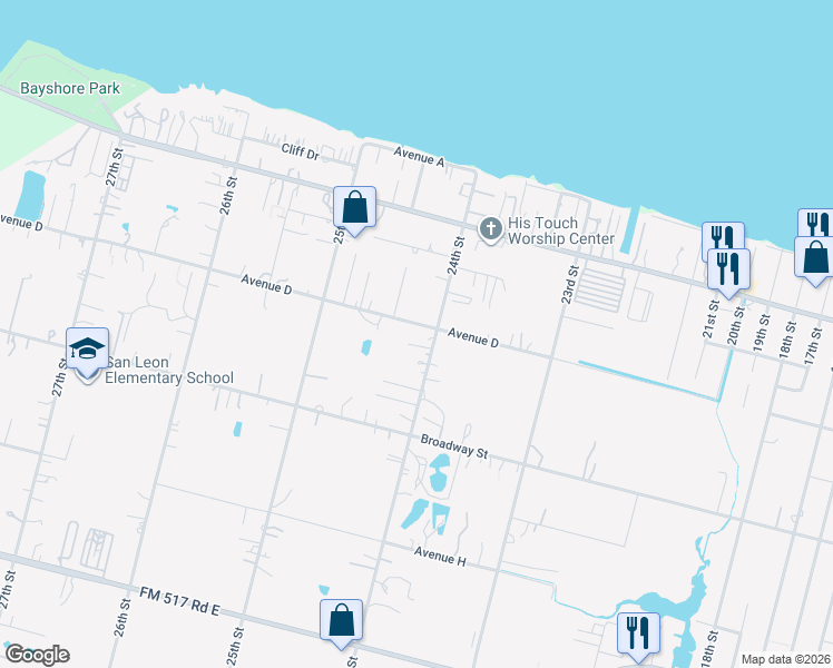 map of restaurants, bars, coffee shops, grocery stores, and more near 346 24th Street in San Leon