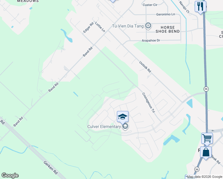 map of restaurants, bars, coffee shops, grocery stores, and more near Crestone Dr. in Rosenberg