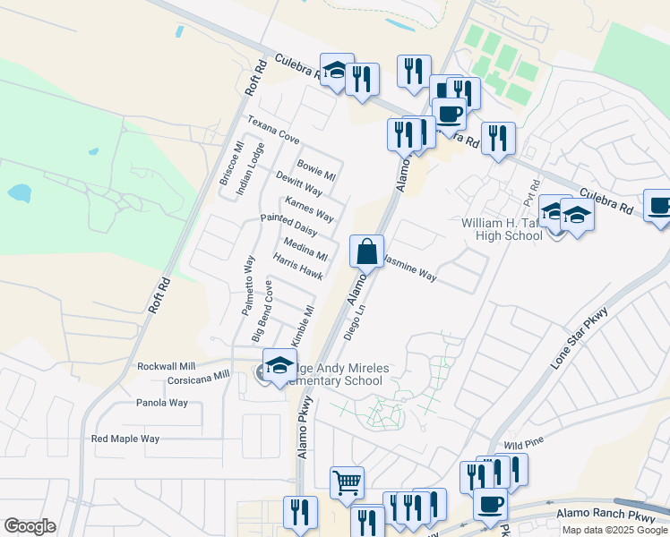 map of restaurants, bars, coffee shops, grocery stores, and more near 6522 Oldham Cove in San Antonio