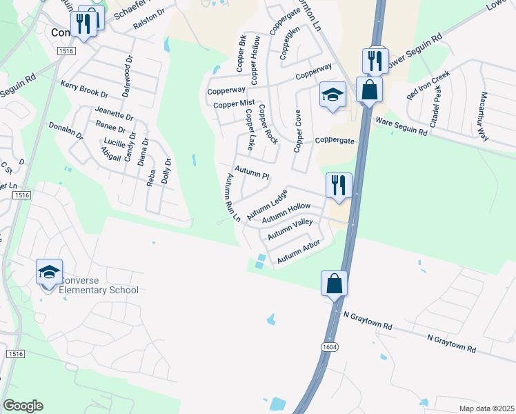 map of restaurants, bars, coffee shops, grocery stores, and more near 7222 Autumn Acres in Converse