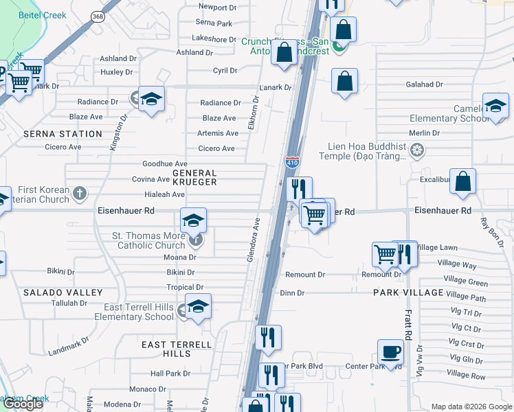 map of restaurants, bars, coffee shops, grocery stores, and more near 7202 Glendora Avenue in San Antonio