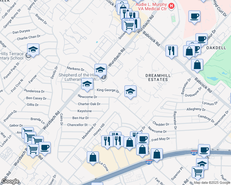 map of restaurants, bars, coffee shops, grocery stores, and more near 5206 King Edward Street in San Antonio
