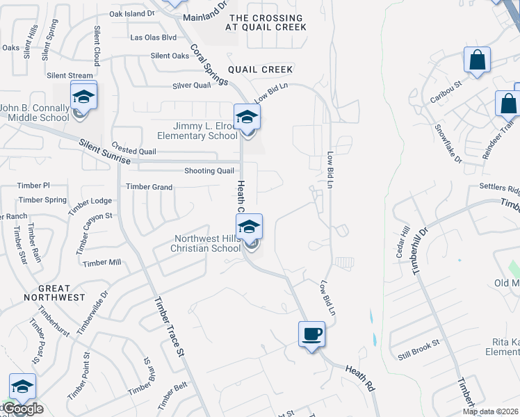 map of restaurants, bars, coffee shops, grocery stores, and more near 6832 Quail Branch in San Antonio