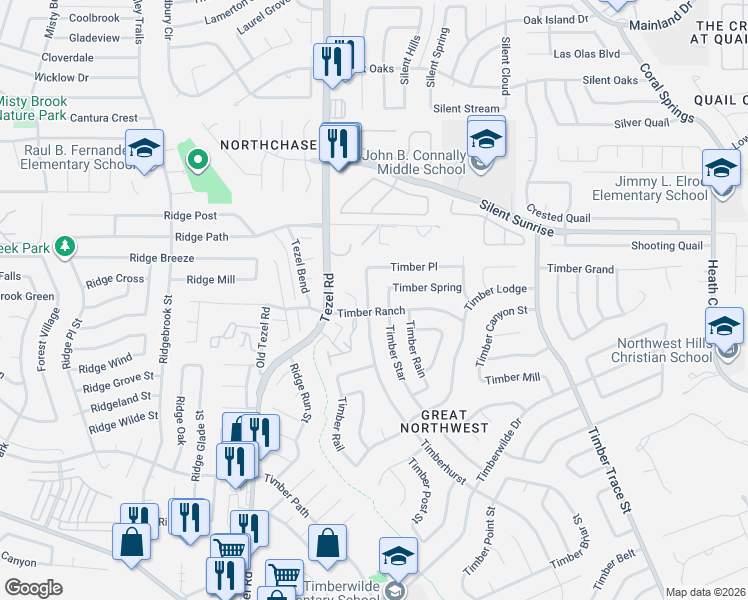 map of restaurants, bars, coffee shops, grocery stores, and more near 5827 Timberhurst in San Antonio