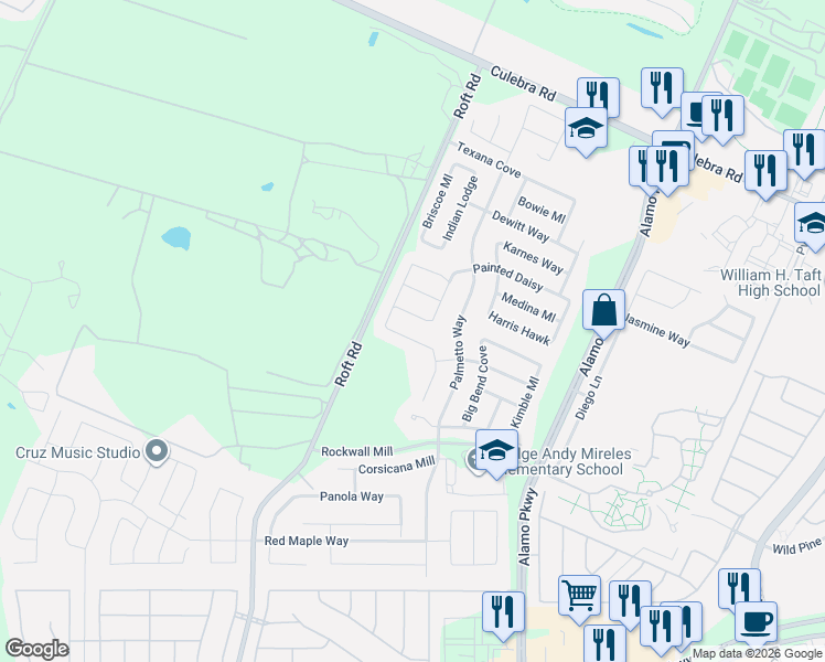 map of restaurants, bars, coffee shops, grocery stores, and more near 6219 Gilmer Mill in San Antonio