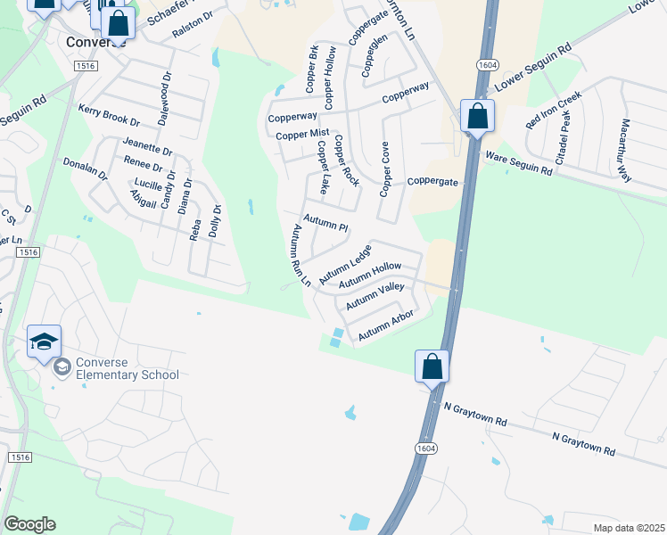 map of restaurants, bars, coffee shops, grocery stores, and more near 7222 Autumn Acres in Converse
