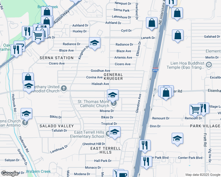 map of restaurants, bars, coffee shops, grocery stores, and more near 4403 Eisenhauer Road in San Antonio