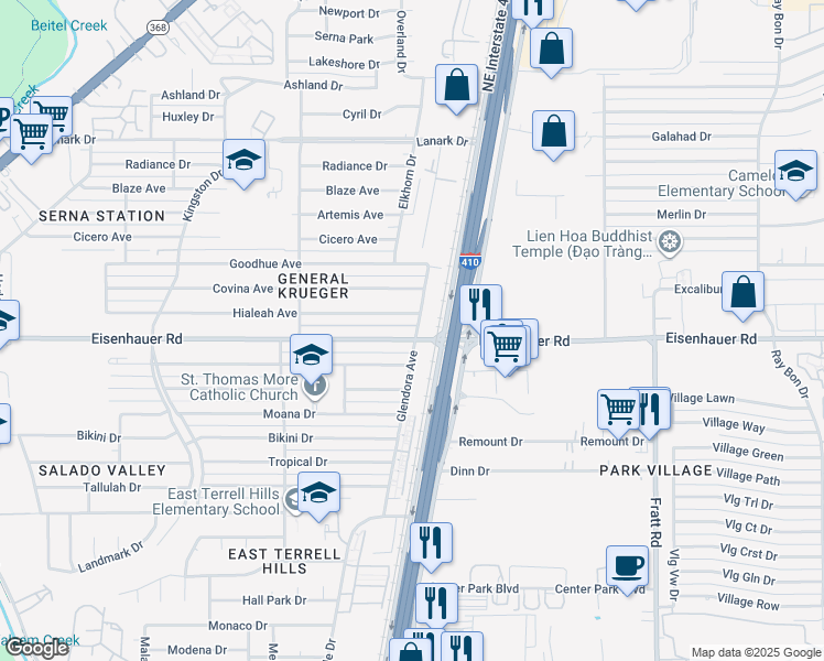map of restaurants, bars, coffee shops, grocery stores, and more near 7202 Glendora Avenue in San Antonio
