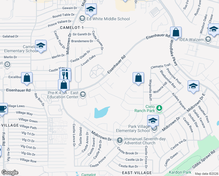 map of restaurants, bars, coffee shops, grocery stores, and more near 5611 Tranquil Dawn in San Antonio
