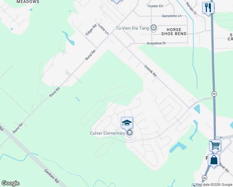map of restaurants, bars, coffee shops, grocery stores, and more near Crestone Dr. in Rosenberg