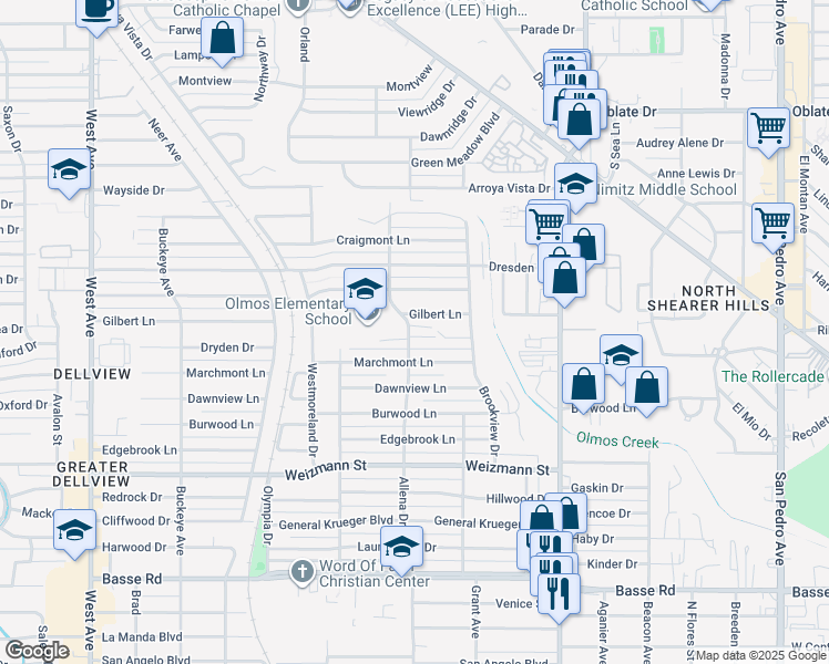 map of restaurants, bars, coffee shops, grocery stores, and more near 1004 Allena Drive in San Antonio