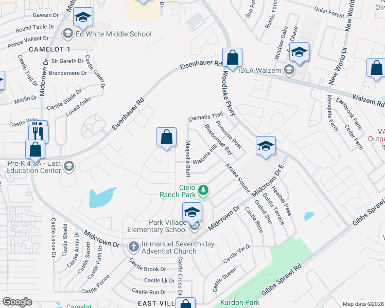 map of restaurants, bars, coffee shops, grocery stores, and more near 7331 Magnolia Bluff in San Antonio