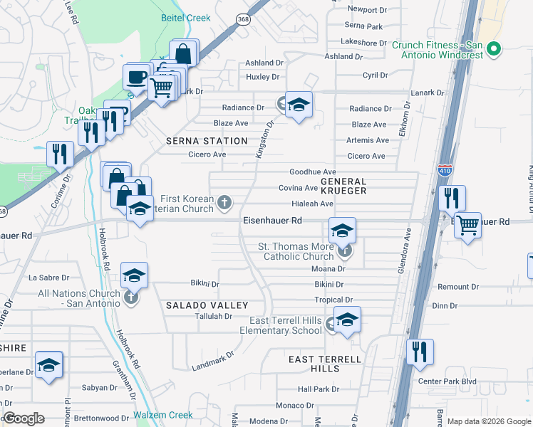 map of restaurants, bars, coffee shops, grocery stores, and more near 227 Hialeah Avenue in San Antonio