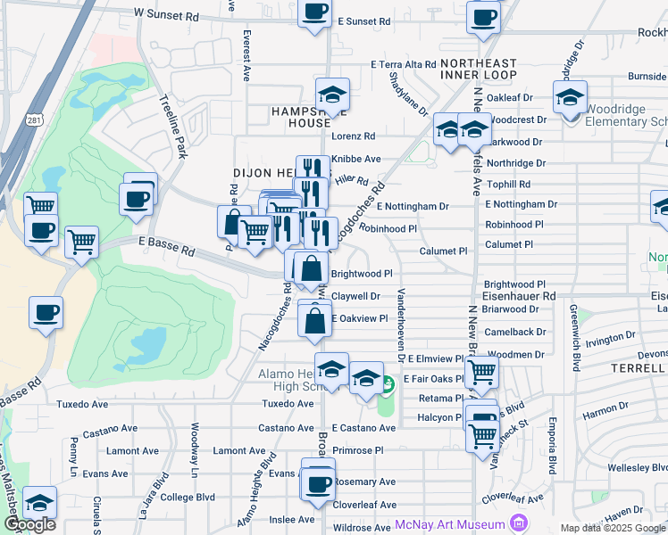 map of restaurants, bars, coffee shops, grocery stores, and more near 1208 Nacogdoches Road in San Antonio