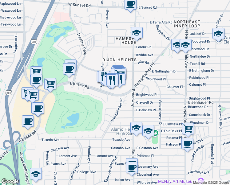 map of restaurants, bars, coffee shops, grocery stores, and more near 999 East Basse Road in San Antonio