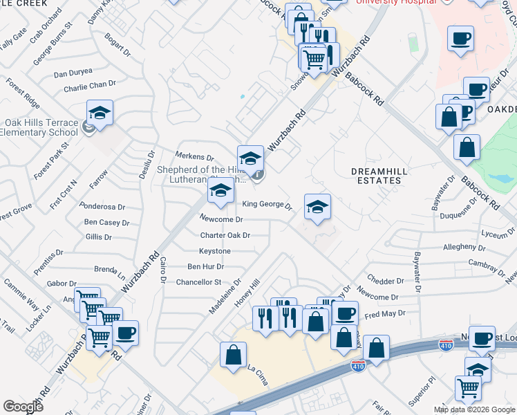 map of restaurants, bars, coffee shops, grocery stores, and more near 5311 King George Drive in San Antonio