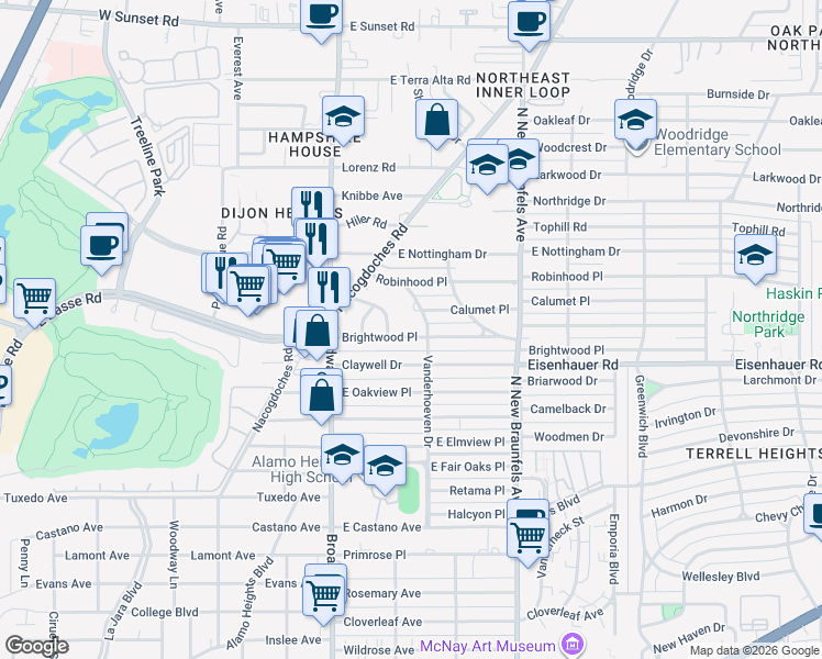 map of restaurants, bars, coffee shops, grocery stores, and more near 917 Vanderhoeven in San Antonio