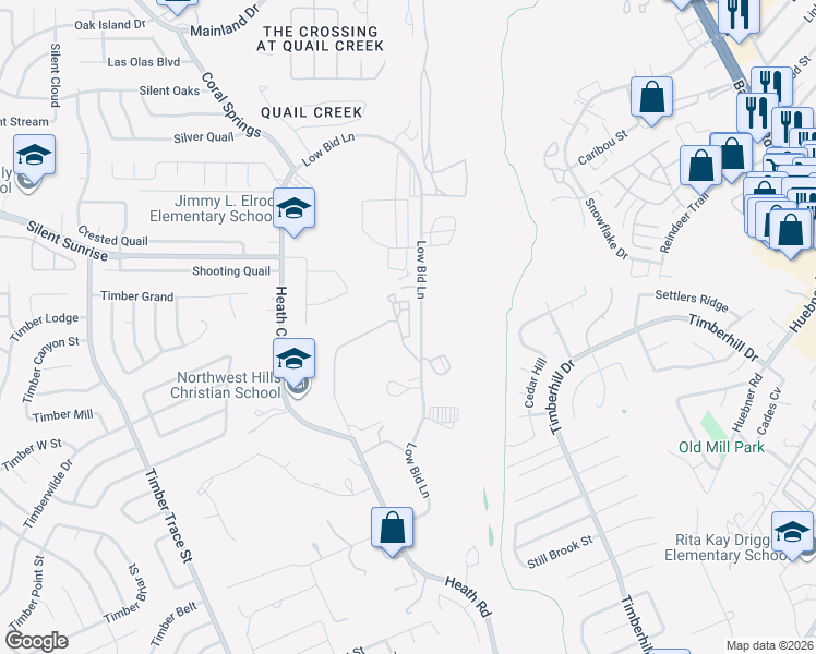 map of restaurants, bars, coffee shops, grocery stores, and more near 6735 Low Bid Lane in San Antonio