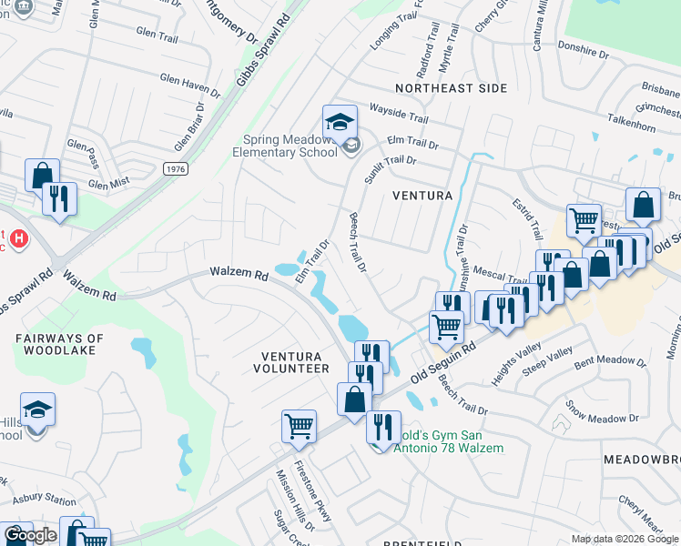 map of restaurants, bars, coffee shops, grocery stores, and more near 7071 Beech Trail Drive in San Antonio