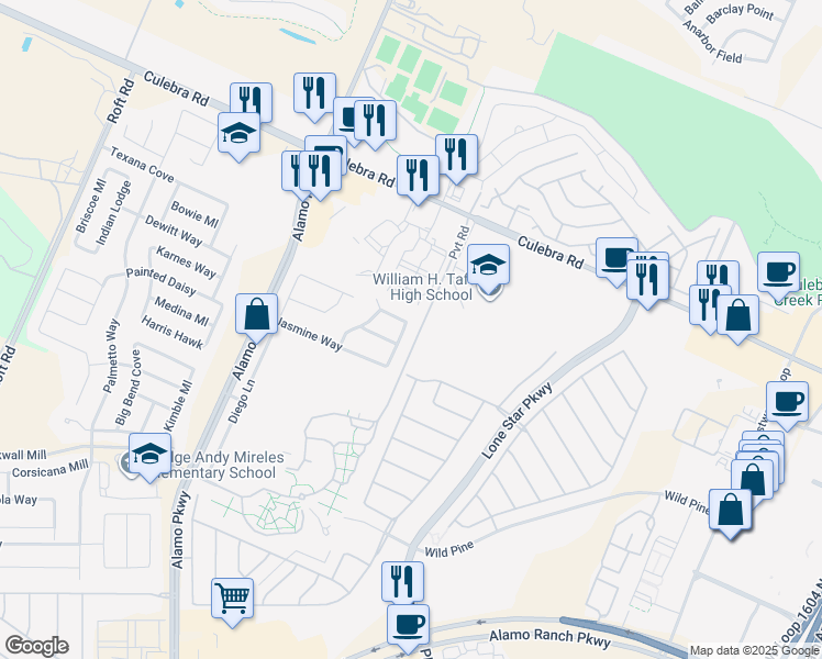 map of restaurants, bars, coffee shops, grocery stores, and more near 11803 Perla Joy in San Antonio