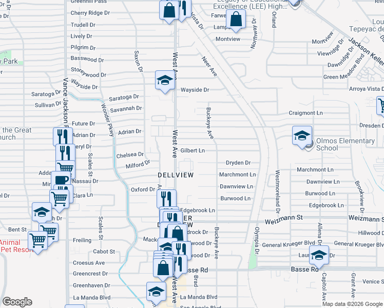 map of restaurants, bars, coffee shops, grocery stores, and more near 539 Gilbert Lane in San Antonio