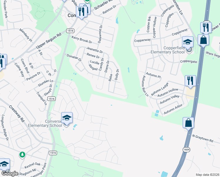 map of restaurants, bars, coffee shops, grocery stores, and more near 519 Reba in Converse