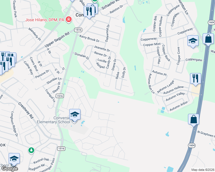 map of restaurants, bars, coffee shops, grocery stores, and more near 643 Diana Drive in Converse