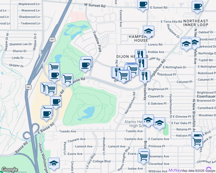map of restaurants, bars, coffee shops, grocery stores, and more near 103 Longsford in San Antonio
