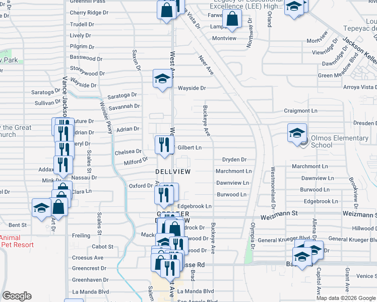 map of restaurants, bars, coffee shops, grocery stores, and more near 539 Gilbert Lane in San Antonio
