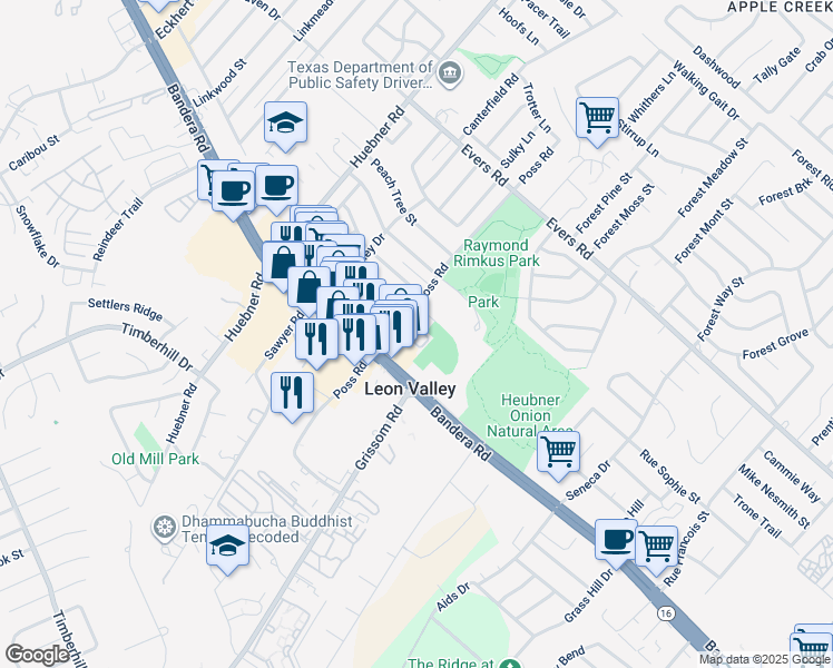 map of restaurants, bars, coffee shops, grocery stores, and more near 6902 Fernmoss Street in San Antonio