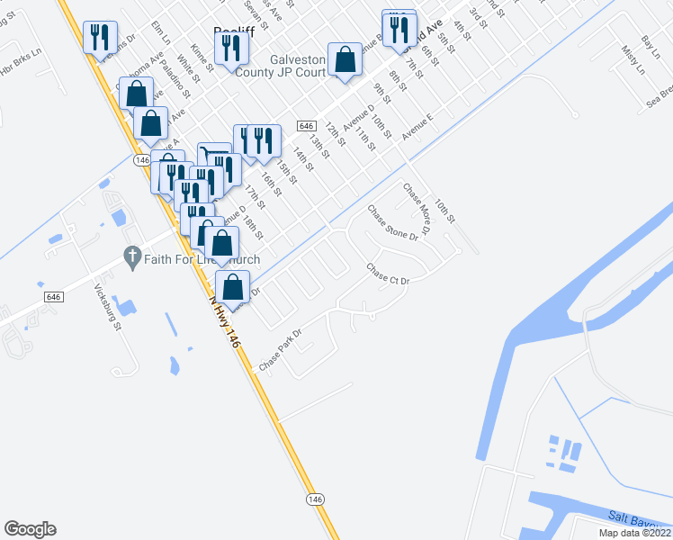map of restaurants, bars, coffee shops, grocery stores, and more near 4911 Hannas Reef Drive in Bacliff
