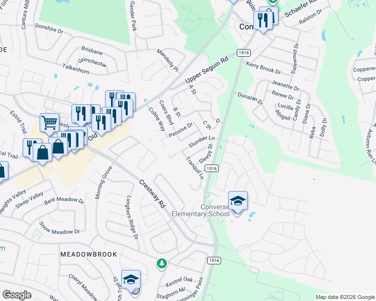 map of restaurants, bars, coffee shops, grocery stores, and more near 8807 Slumber Lane in Converse