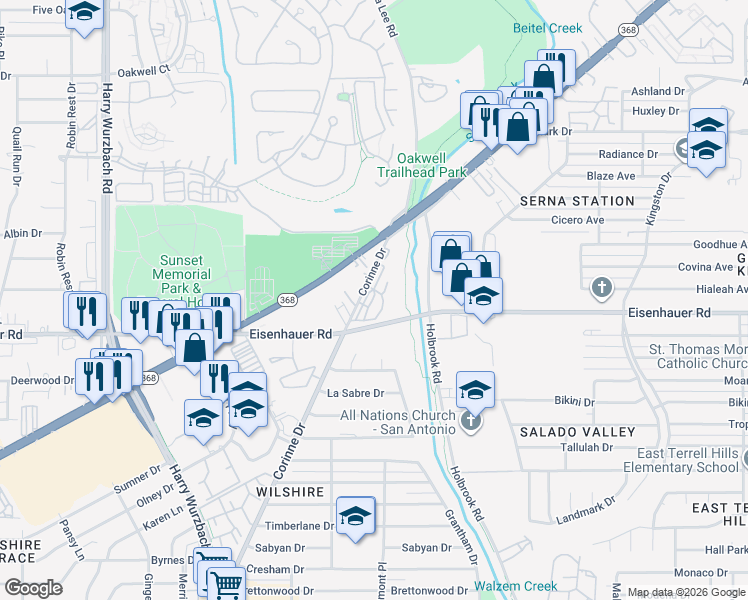 map of restaurants, bars, coffee shops, grocery stores, and more near 842 Corinne Drive in San Antonio