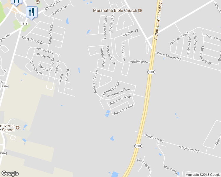 map of restaurants, bars, coffee shops, grocery stores, and more near 7503 Autumn Ledge in Converse