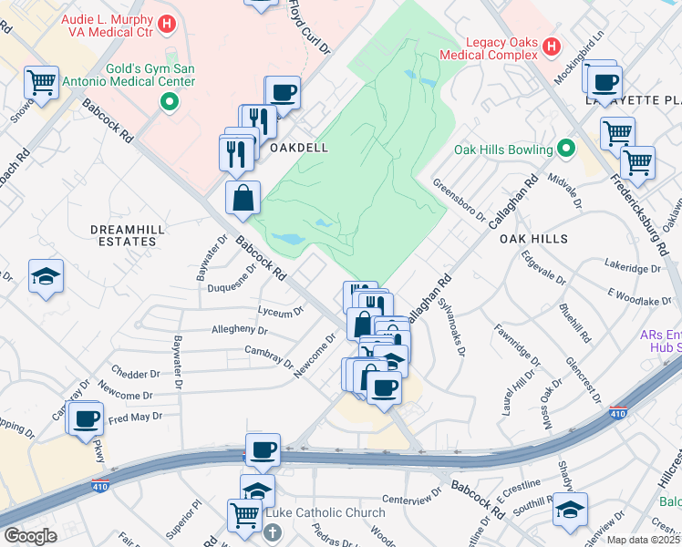 map of restaurants, bars, coffee shops, grocery stores, and more near 1819 Babcock Rd in San Antonio