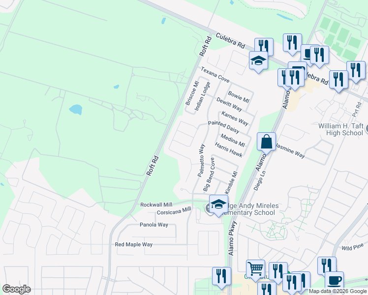 map of restaurants, bars, coffee shops, grocery stores, and more near 6219 Gilmer Mill in San Antonio