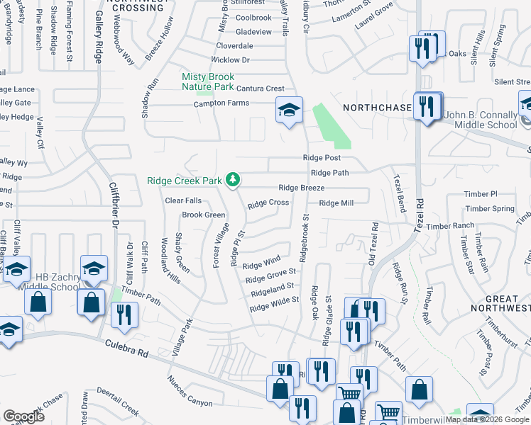 map of restaurants, bars, coffee shops, grocery stores, and more near 9238 Ridge Cross in San Antonio