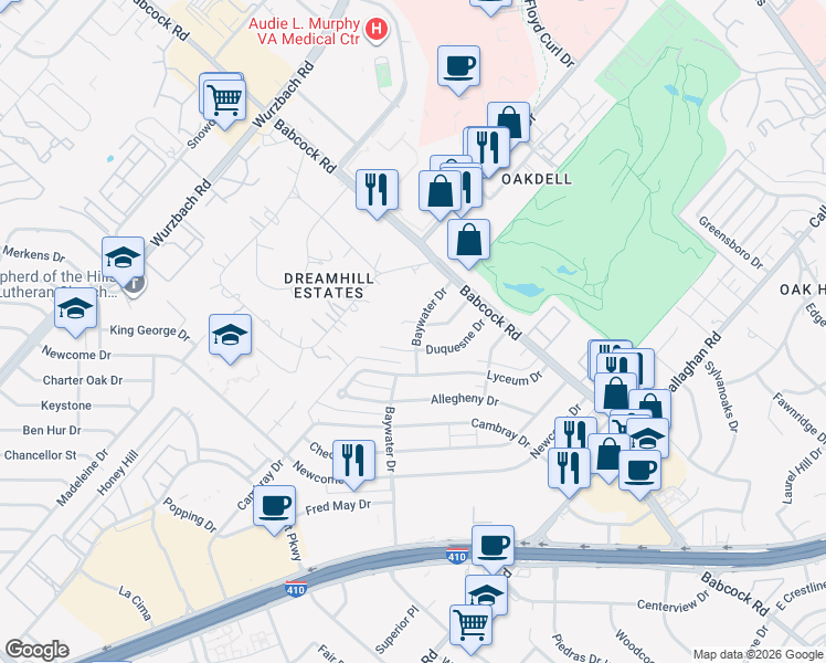 map of restaurants, bars, coffee shops, grocery stores, and more near 4731 Lorelei Drive in San Antonio