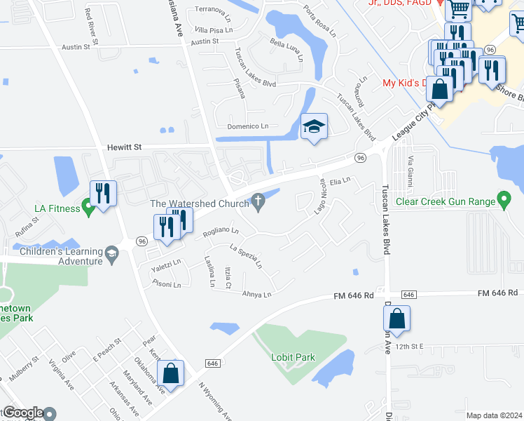 map of restaurants, bars, coffee shops, grocery stores, and more near 1751 East League City Parkway in League City