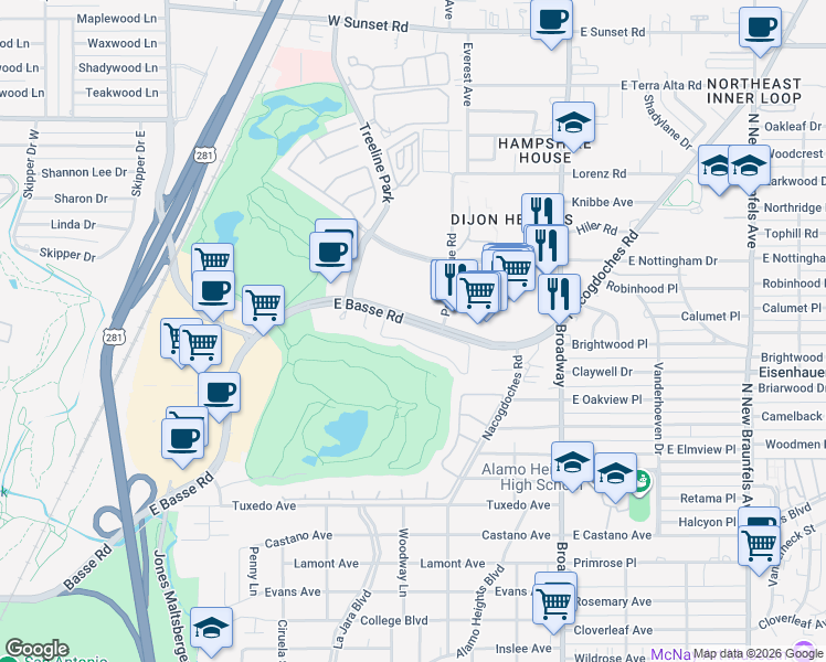 map of restaurants, bars, coffee shops, grocery stores, and more near 103 Longsford in San Antonio