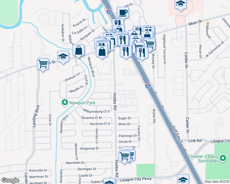 map of restaurants, bars, coffee shops, grocery stores, and more near 500 Hobbs Road in League City