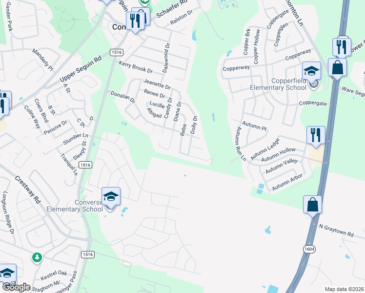 map of restaurants, bars, coffee shops, grocery stores, and more near 519 Reba in Converse