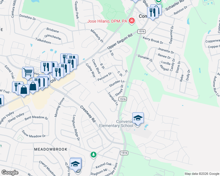 map of restaurants, bars, coffee shops, grocery stores, and more near 8807 Slumber Lane in Converse