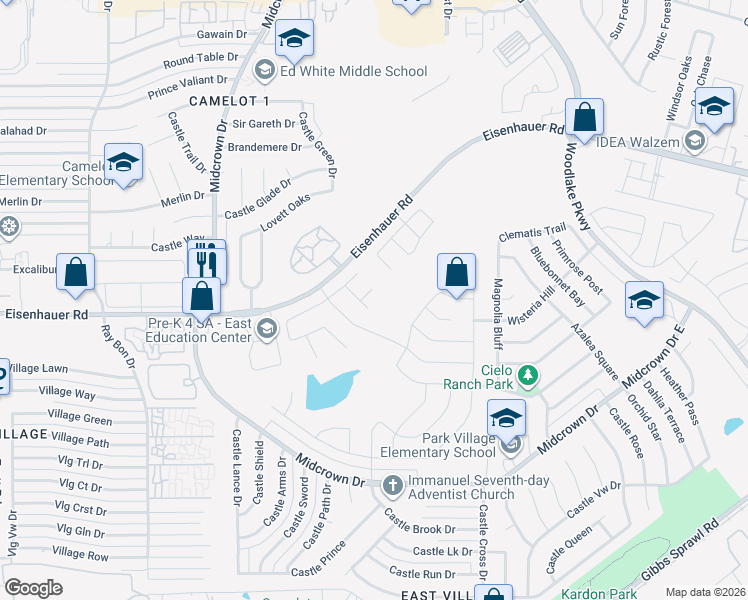 map of restaurants, bars, coffee shops, grocery stores, and more near 7501 Spanish Dagger in San Antonio