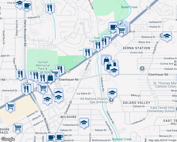 map of restaurants, bars, coffee shops, grocery stores, and more near 842 Corinne Drive in San Antonio