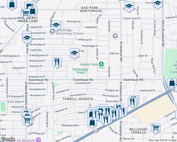 map of restaurants, bars, coffee shops, grocery stores, and more near 834 Chevy Chase Drive in San Antonio
