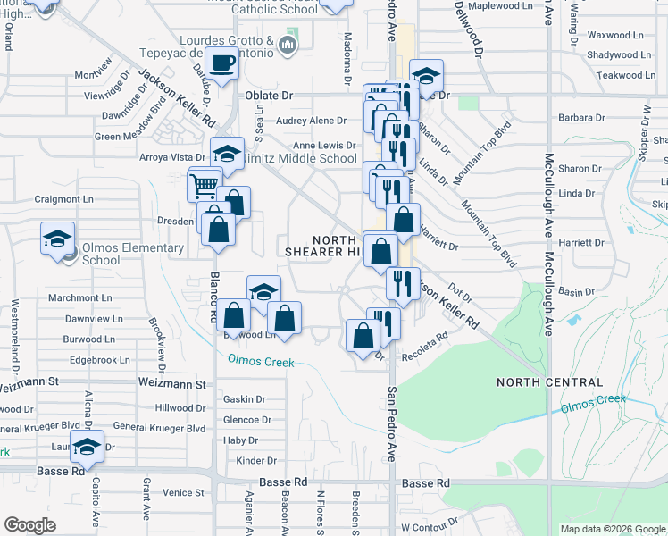 map of restaurants, bars, coffee shops, grocery stores, and more near 7102 Dubies Drive in San Antonio