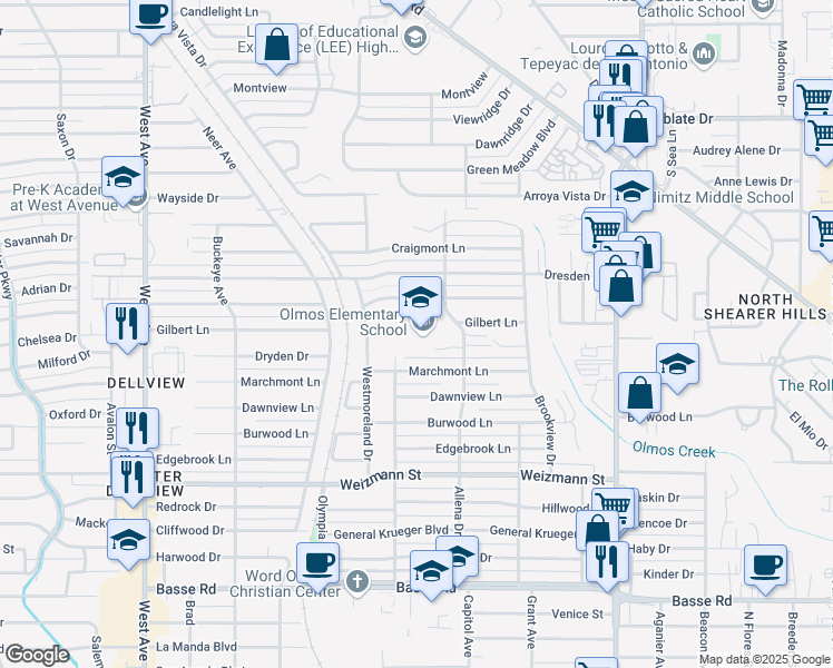 map of restaurants, bars, coffee shops, grocery stores, and more near 1103 Allena Drive in San Antonio