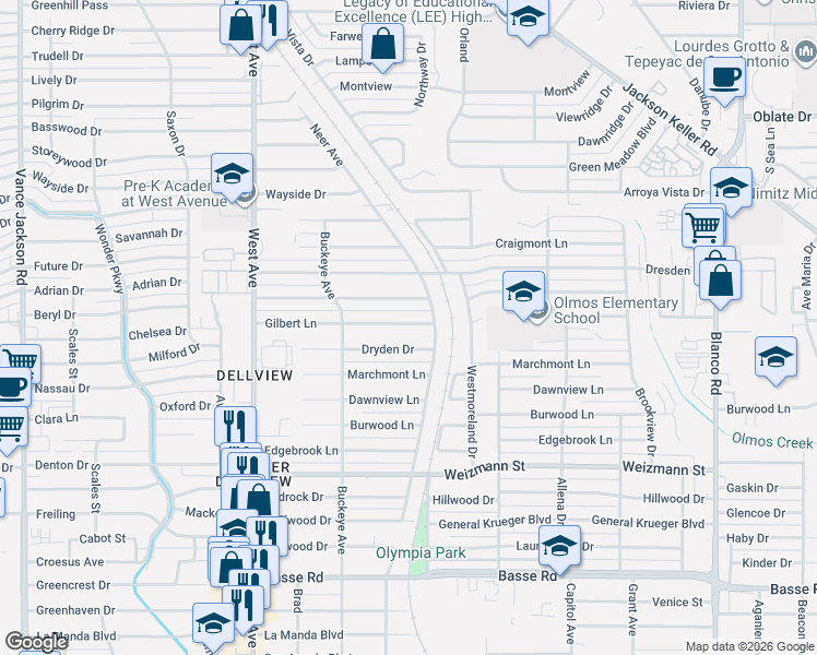 map of restaurants, bars, coffee shops, grocery stores, and more near 423 Gilbert Lane in San Antonio